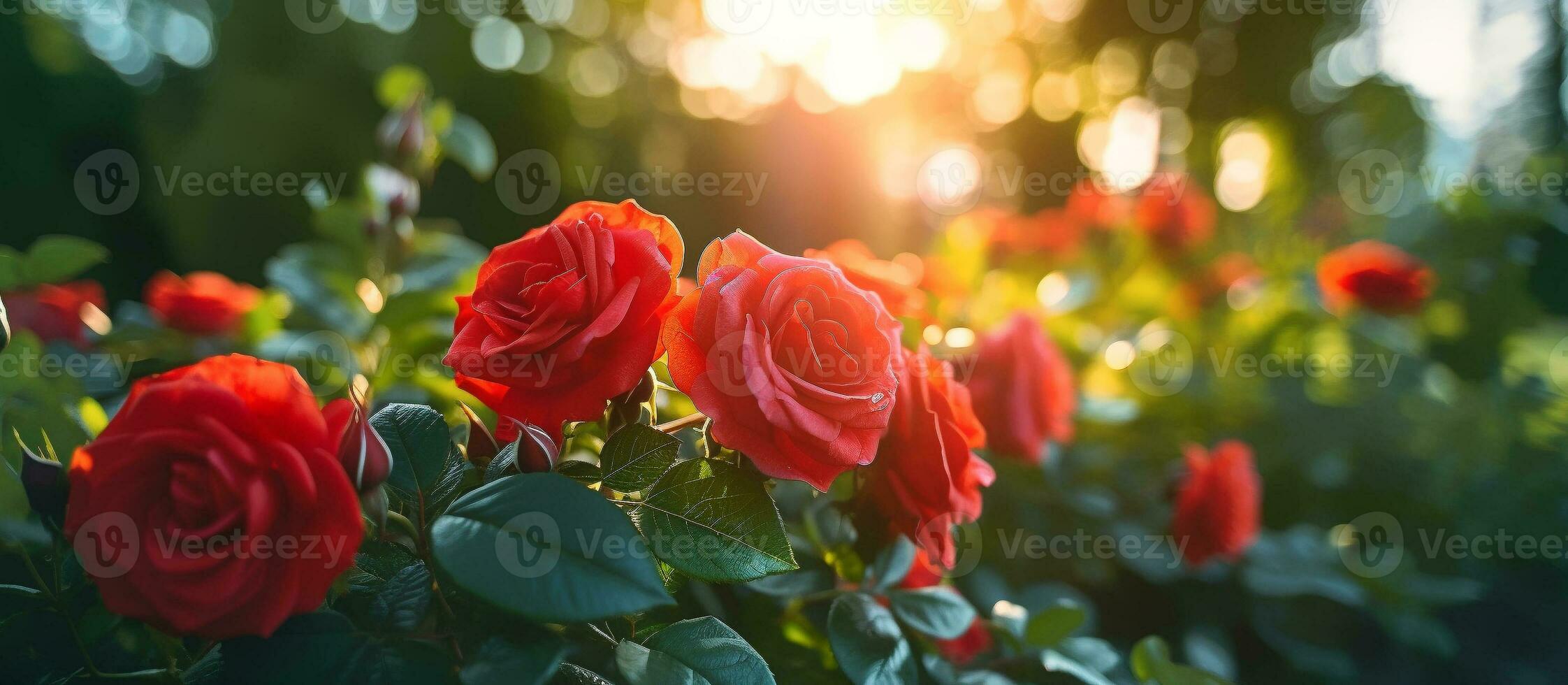 rouge Rose fleur dans le jardin et lumière du soleil avec bokeh, génératif ai photo