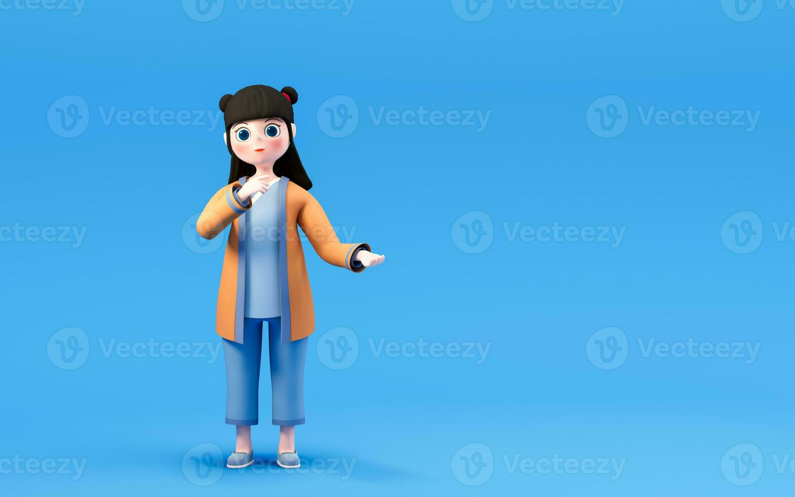 une chinois fille avec bleu arrière-plan, 3d le rendu. photo