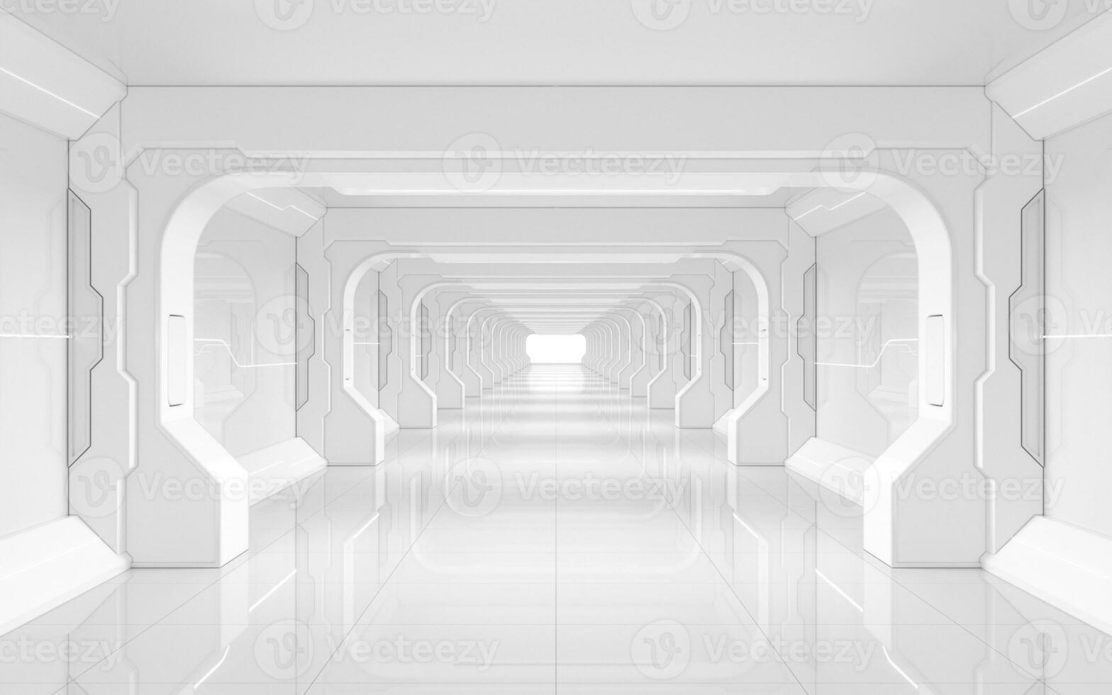 blanc vide tunnel, futuriste chambre, 3d le rendu. photo