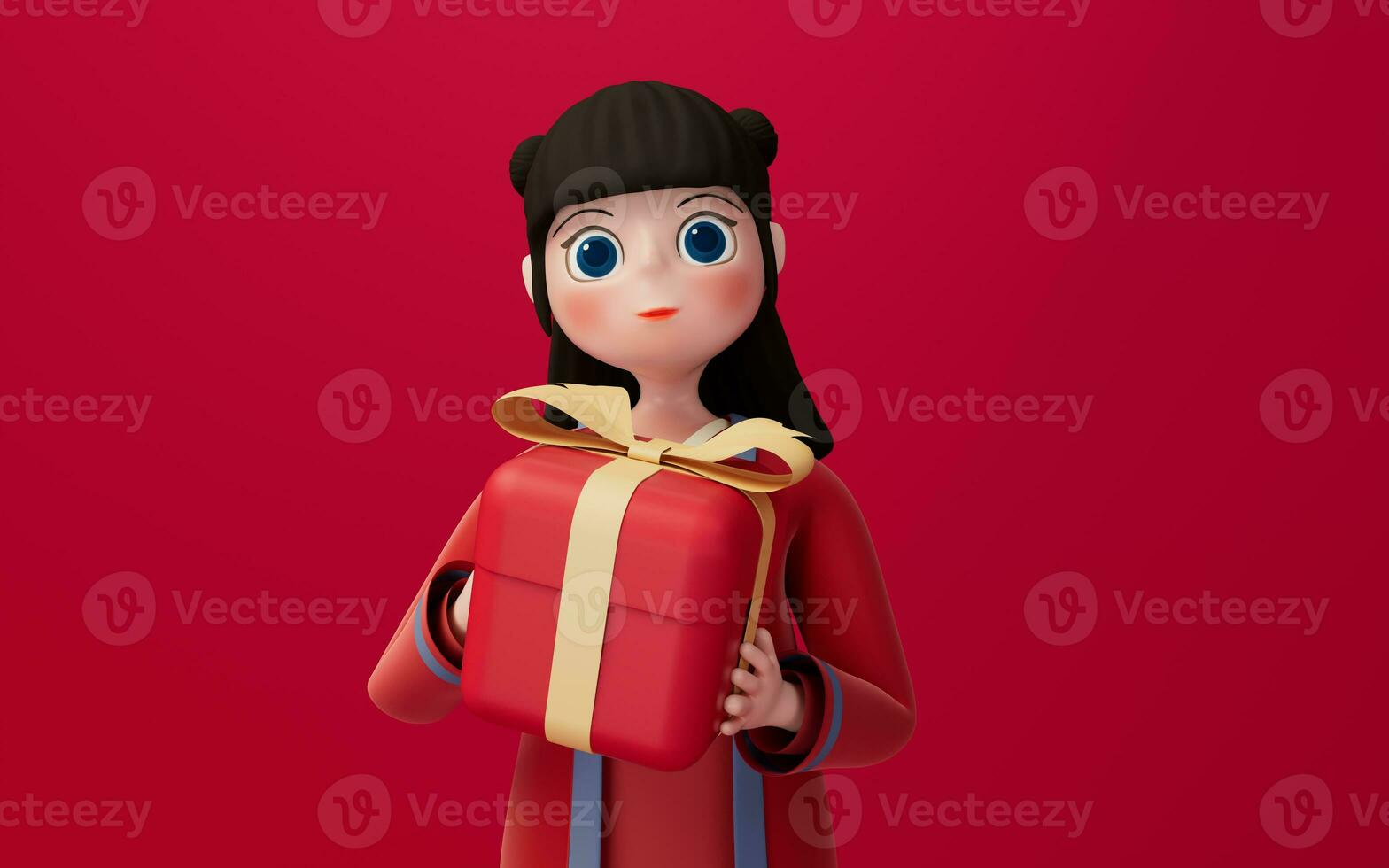une chinois fille et cadeaux avec rouge arrière-plan, 3d le rendu. photo