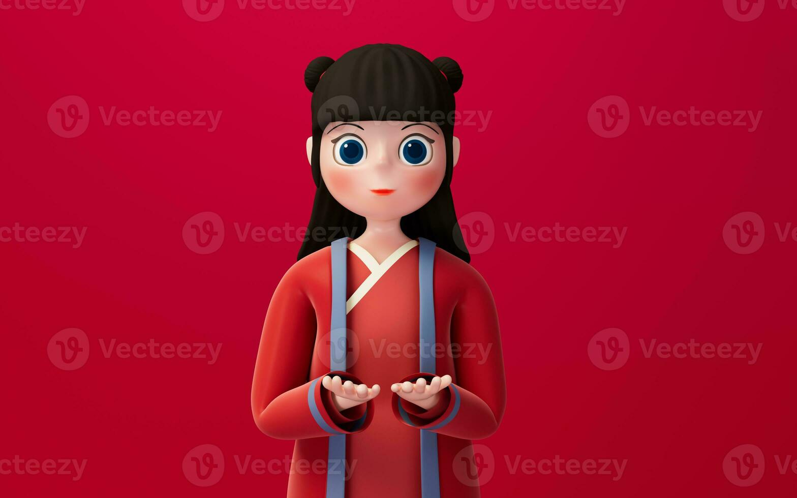 une chinois fille avec rouge arrière-plan, dessin animé personnage, 3d le rendu. photo