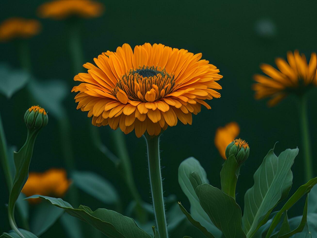 une vibrant calendula fleur dans plein floraison, avec ses pétales déployé en dessous de le chaud lumière du soleil. photo