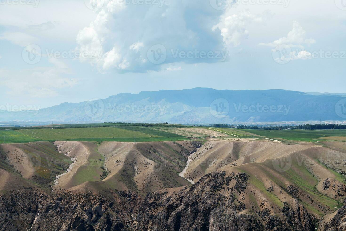 prairie et montagnes dans une nuageux journée. photo