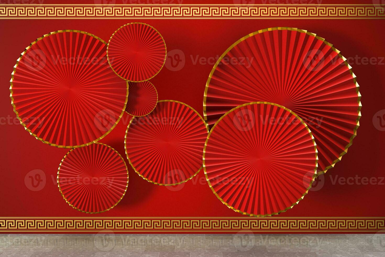 rouge chinois style ventilateur, traditionnel décoration, 3d le rendu. photo