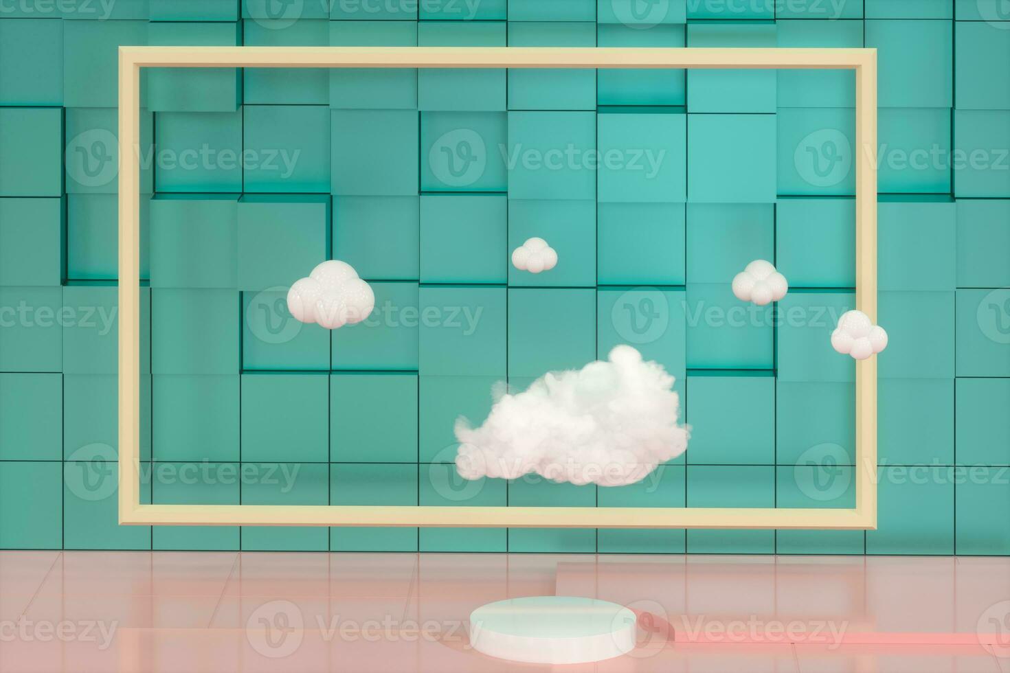 dessin animé des nuages et dessin animé cubes, géométrie chambre, 3D le rendu. photo