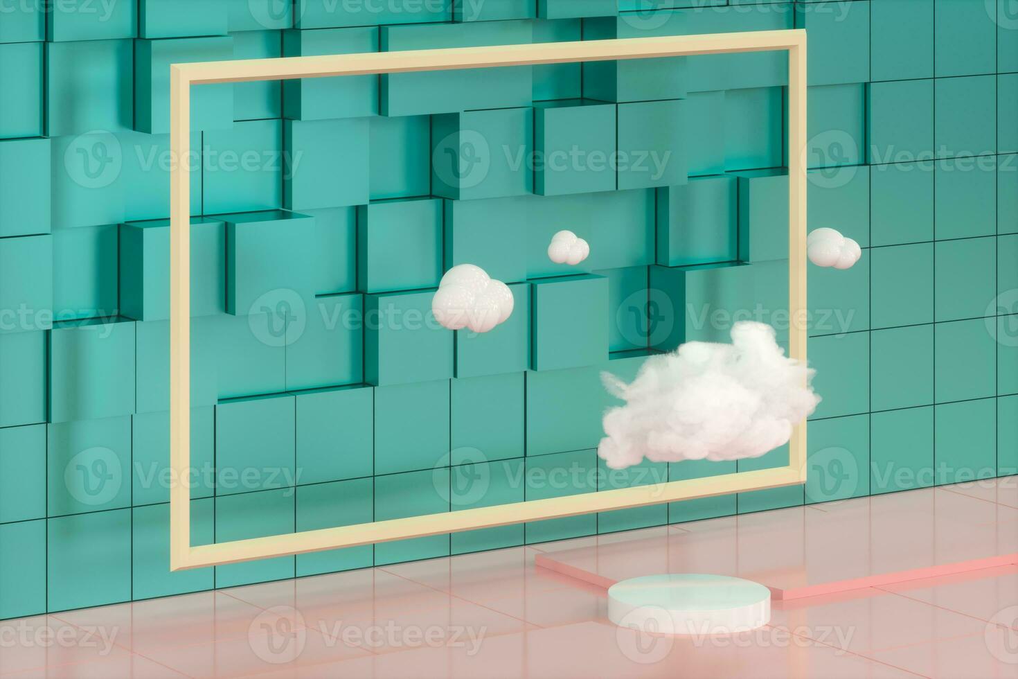 dessin animé des nuages et dessin animé cubes, géométrie chambre, 3D le rendu. photo