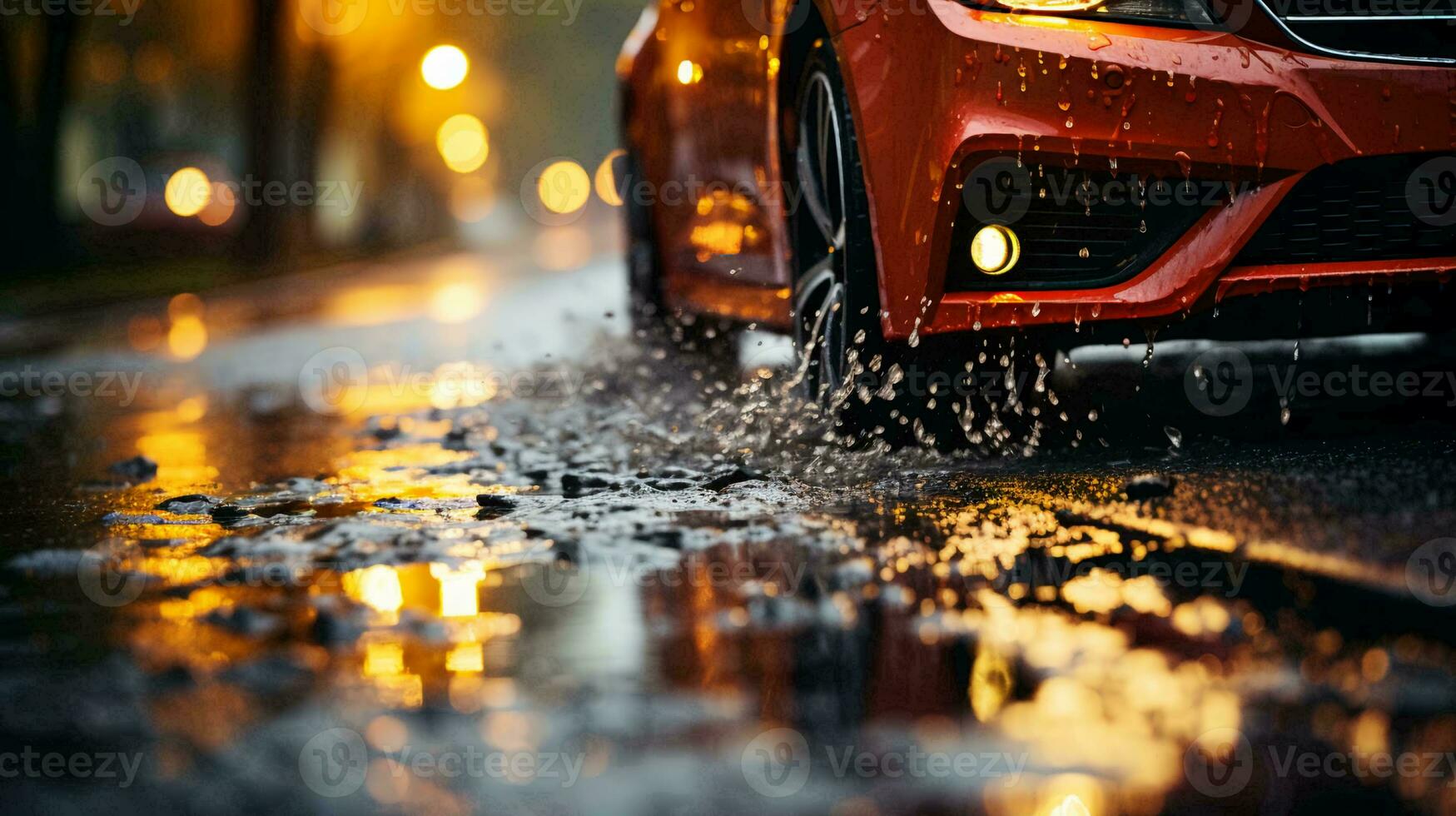 côté vue de une voiture roue sur humide chaussée pendant pluie à le coucher du soleil dans le ville photo
