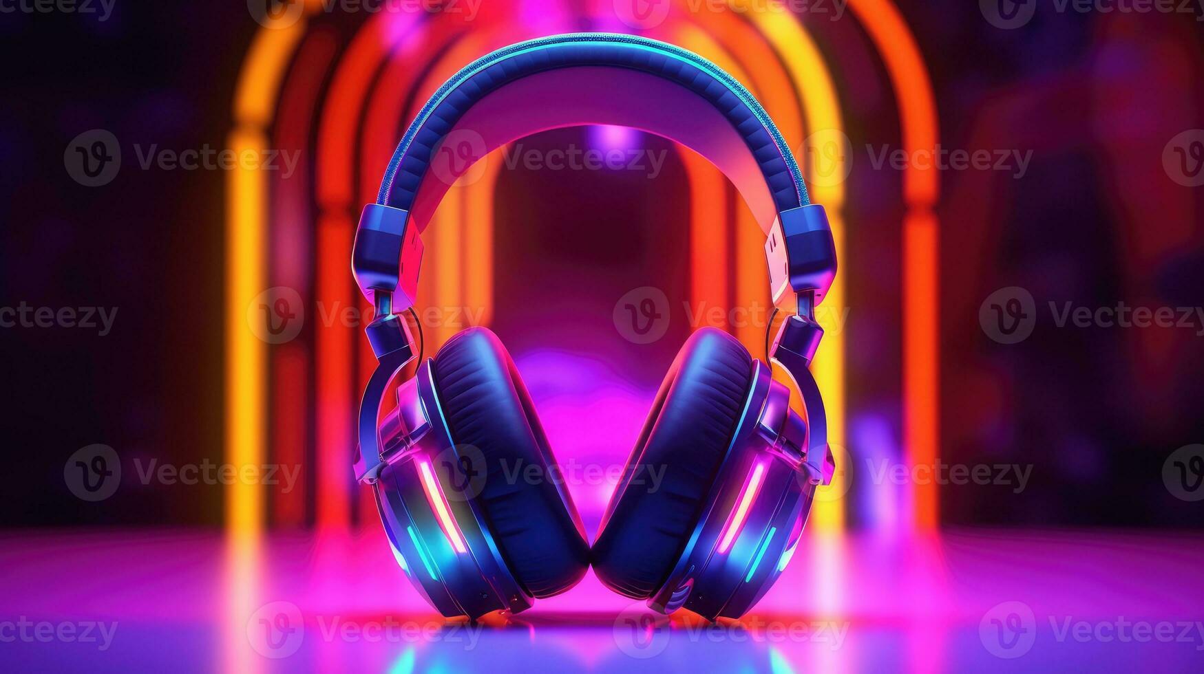 écouteurs sur coloré Contexte avec bokeh lumières photo