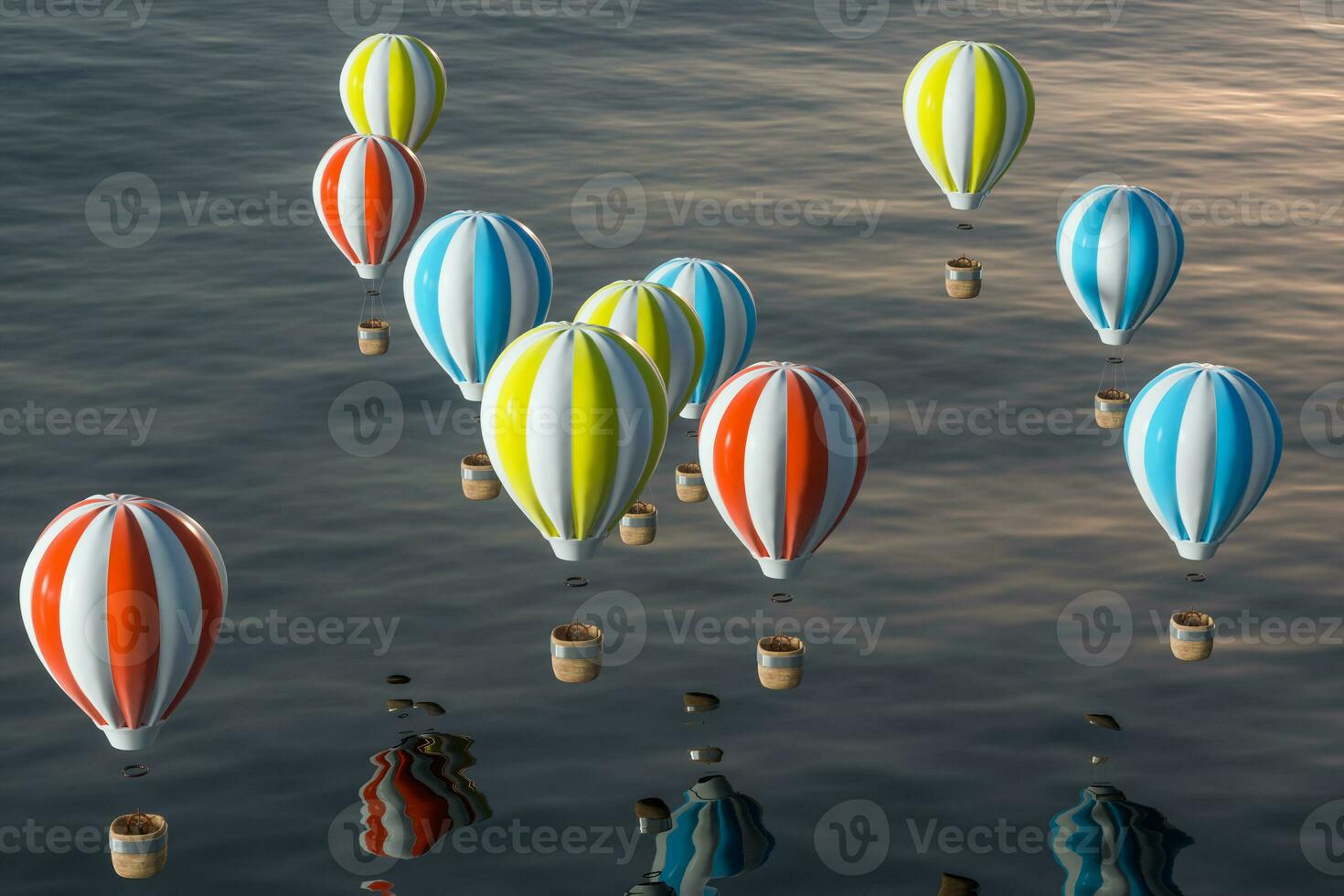 chaud air ballon en volant plus de le océan, 3d le rendu. photo