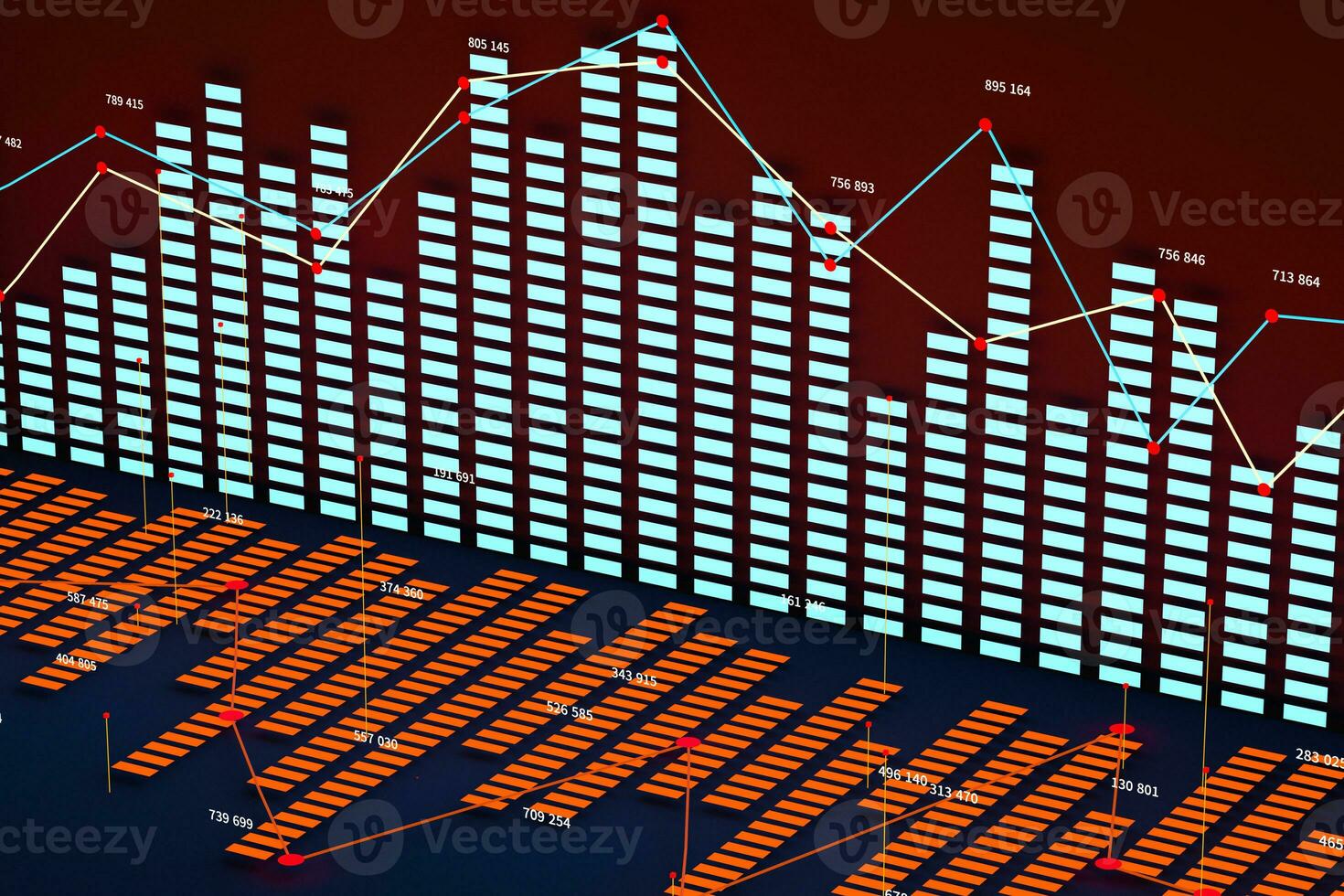 affaires graphique avec ligne graphique, bar graphique et Nombres sur foncé arrière-plan, 3d le rendu photo