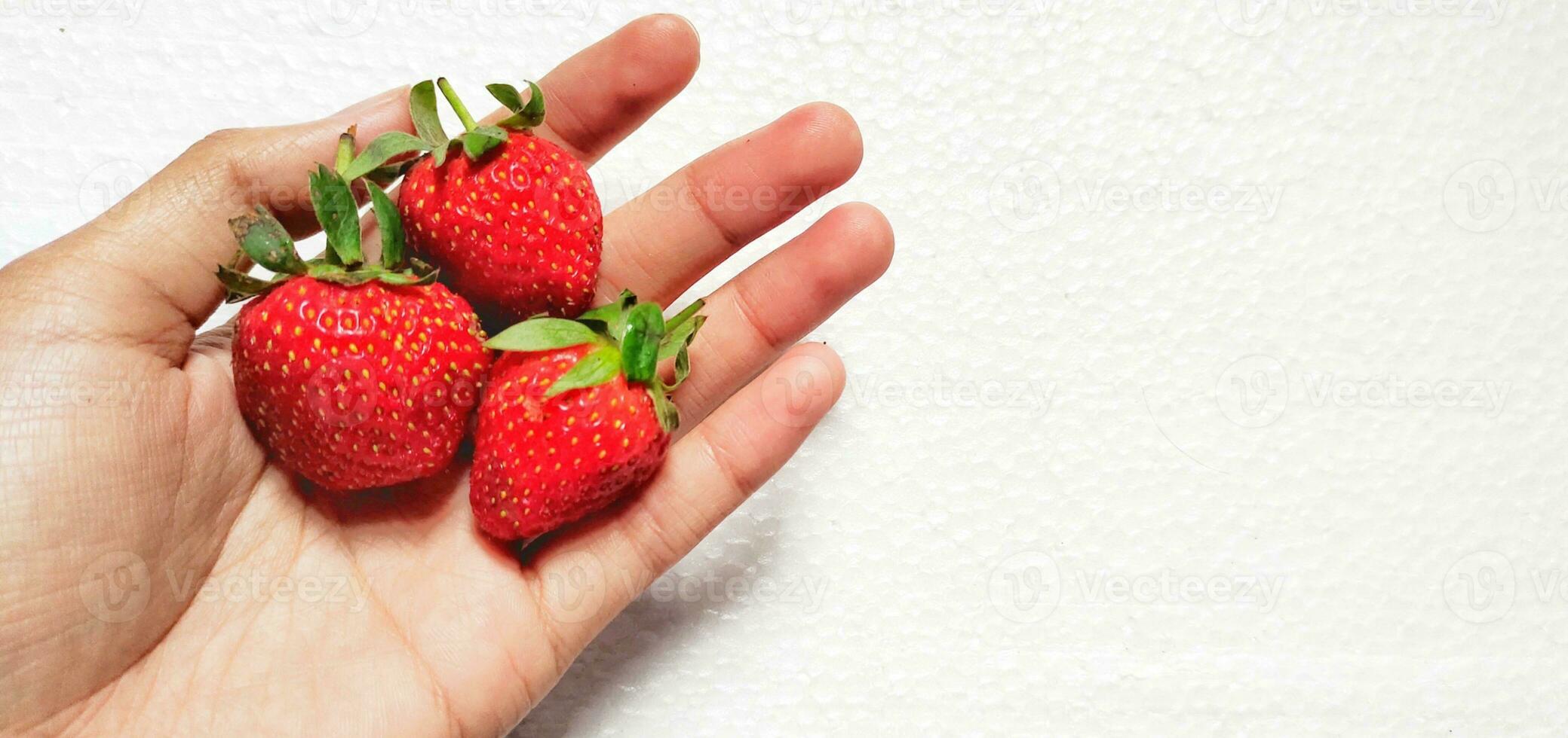 main en portant rouge des fraises dans le blanc Contexte photo