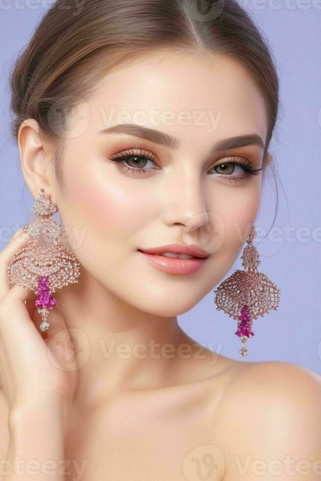 femme avec nu épaules duveteux des boucles d'oreilles bijoux luxe. pro photo