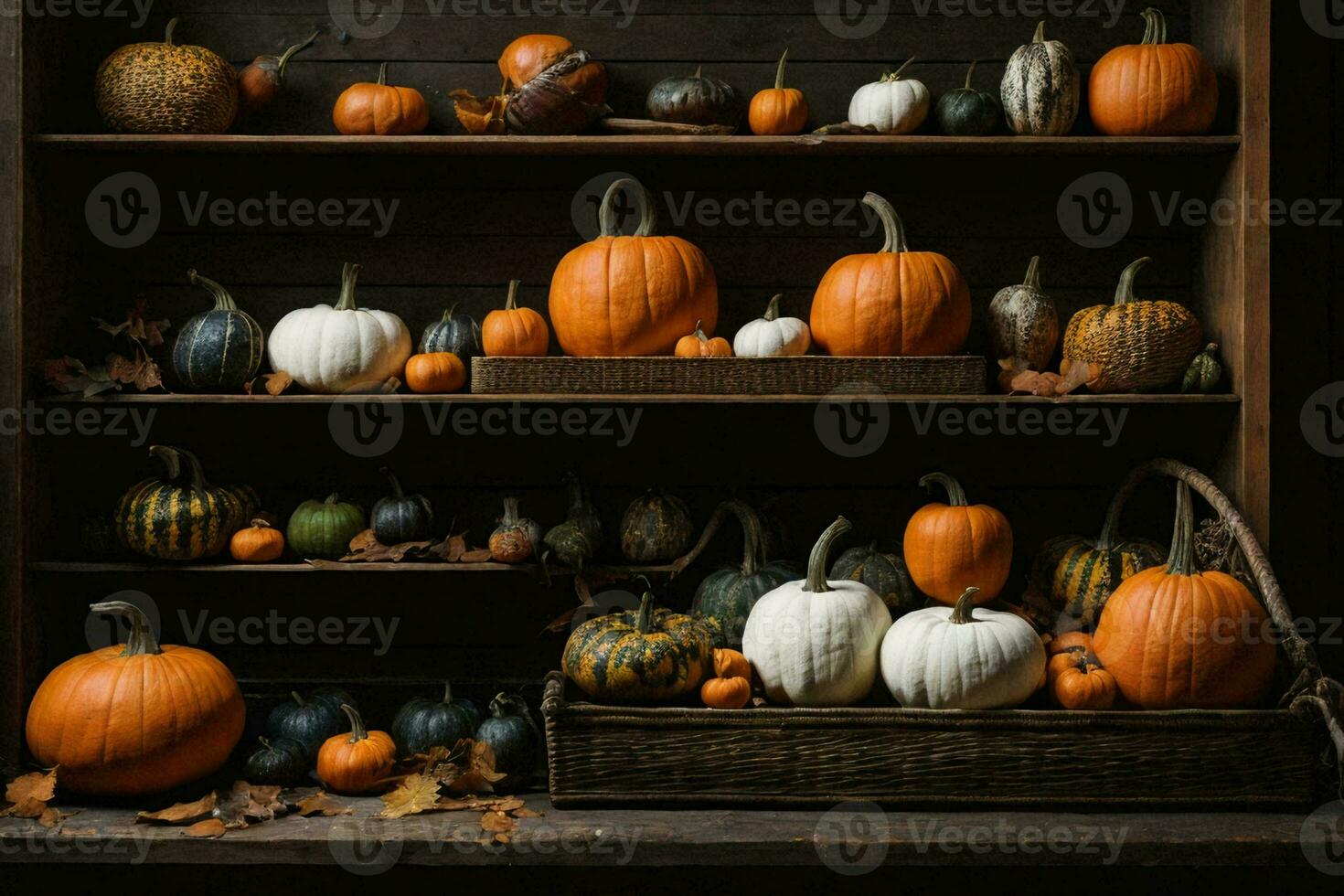 une photo réaliste image de une citrouille pièce avec une variété de citrouilles dans différent formes, tailles et couleurs.