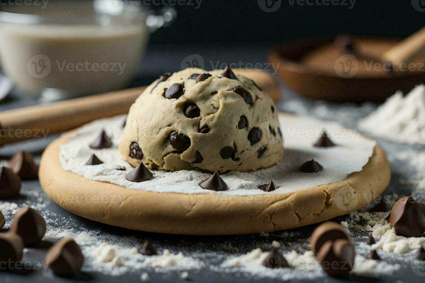 biscuit pâte Balle avec Chocolat frites sur une en bois roulant broche. photo