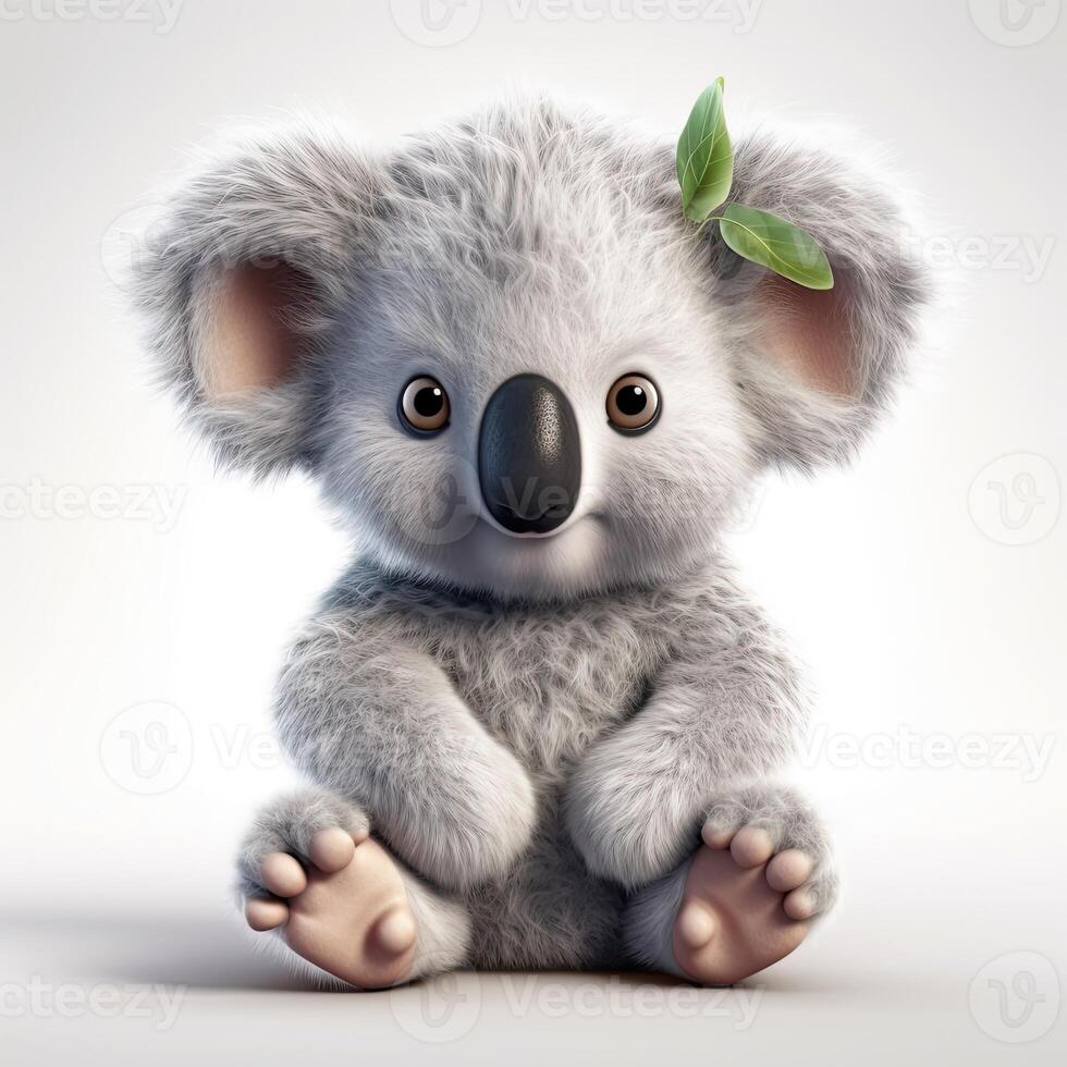 une mignonne peu koala ours avec feuille sur ses tête séance vers le bas ai génératif photo