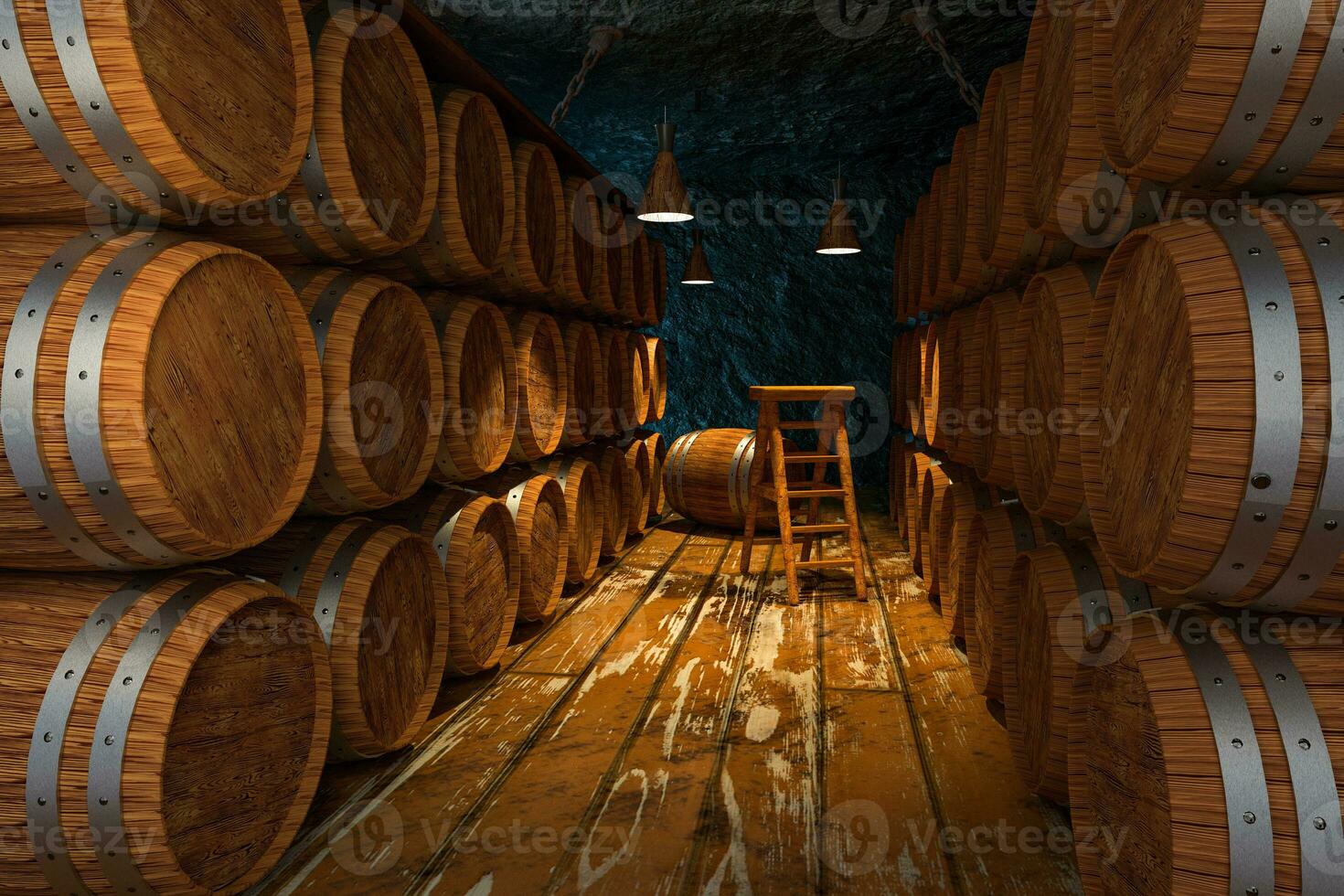 en bois cave avec barils à l'intérieur, ancien boisson entrepôt, 3d le rendu. photo