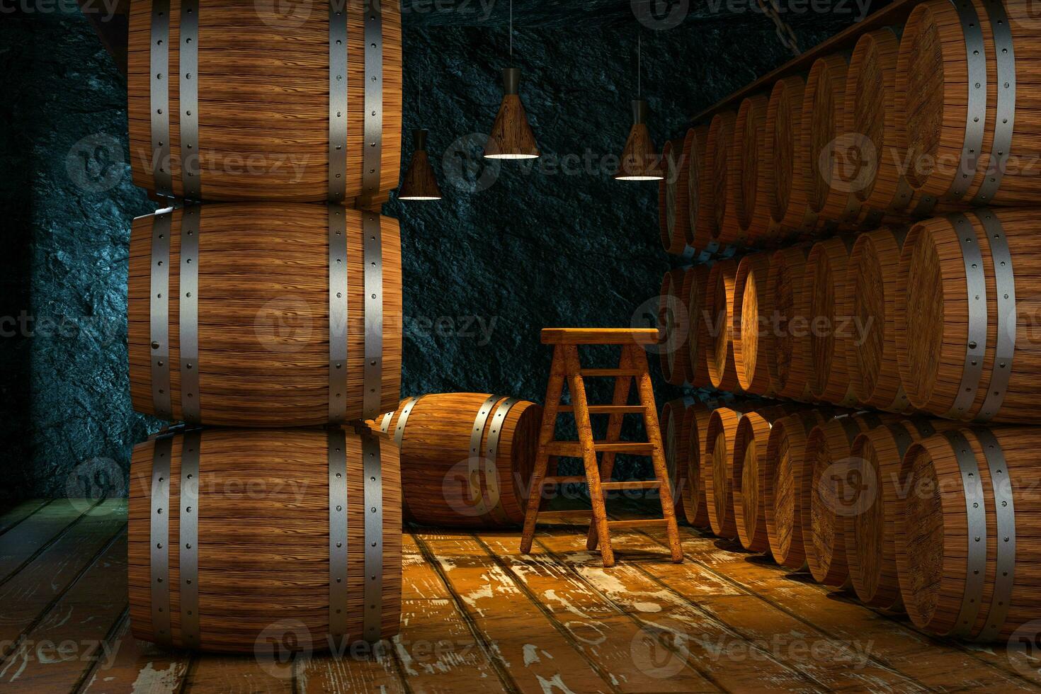 en bois cave avec barils à l'intérieur, ancien boisson entrepôt, 3d le rendu. photo