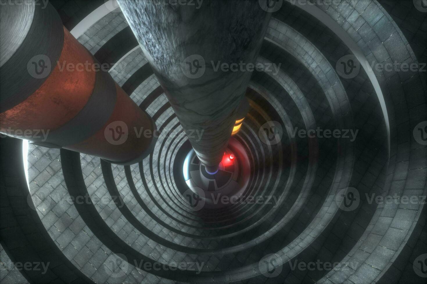 un abandonné rond tunnel bâtiment dans obscurité, avec scène de science fiction, 3d le rendu. photo