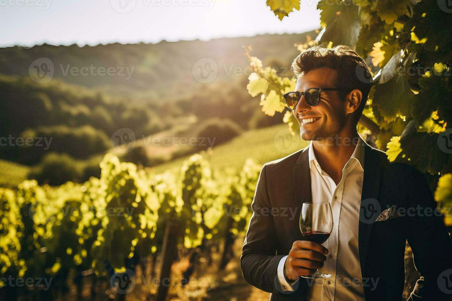 homme avec du vin verre permanent dans vignoble pendant photo