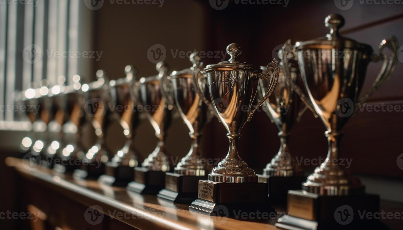 Succès dans concours, sport trophées tasses sur le table généré par ai photo