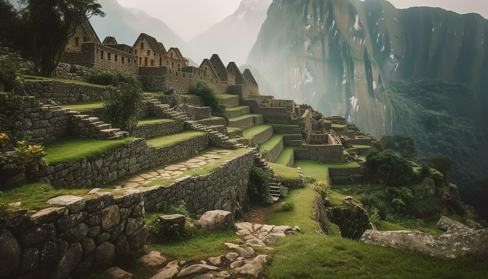 ancien ruines sur majestueux montagne, une célèbre Voyage destination pour aventure généré par ai photo