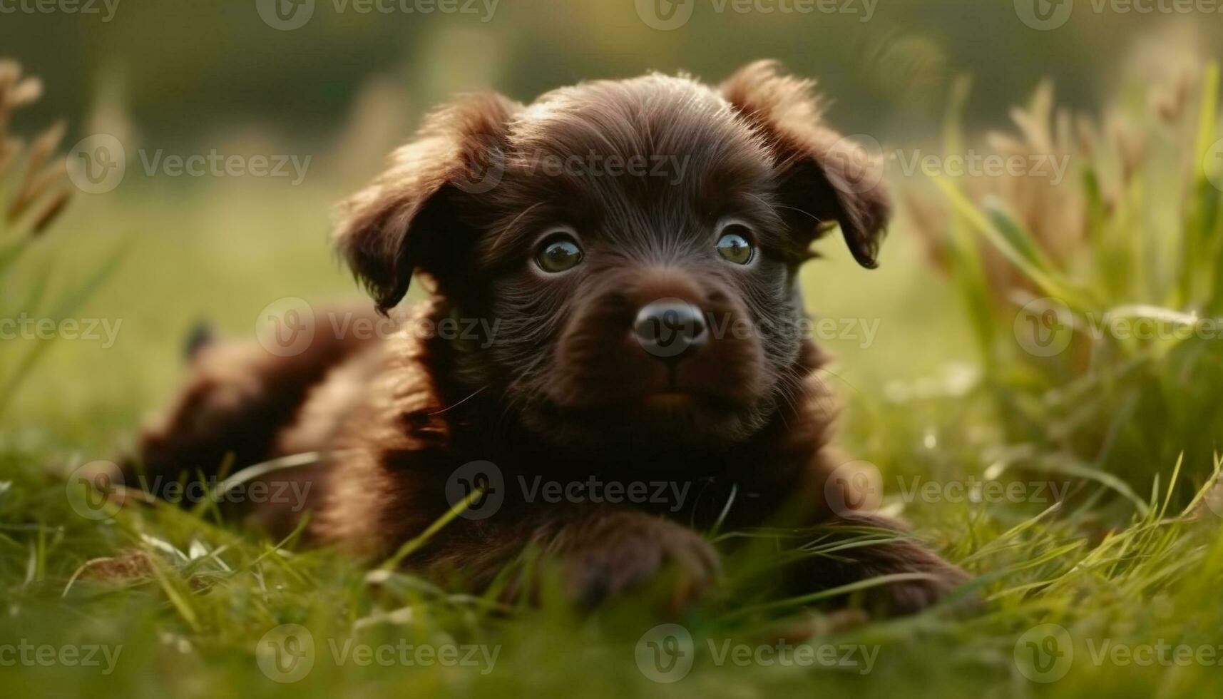 mignonne chiot en jouant dans le herbe, à la recherche à caméra avec joie généré par ai photo