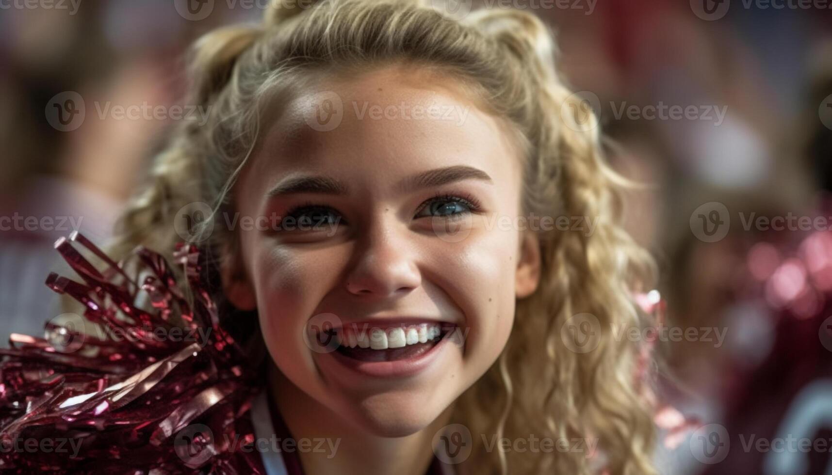 souriant, de bonne humeur fille avec blond cheveux jouit hiver anniversaire fête généré par ai photo