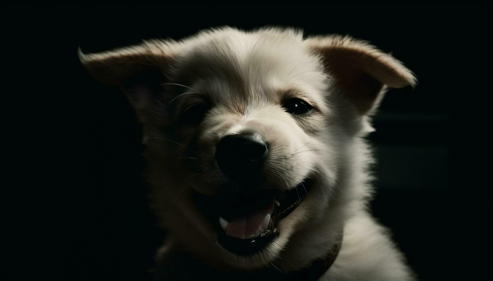 mignonne chiot séance, à la recherche à caméra, noir arrière-plan, espiègle la nature généré par ai photo