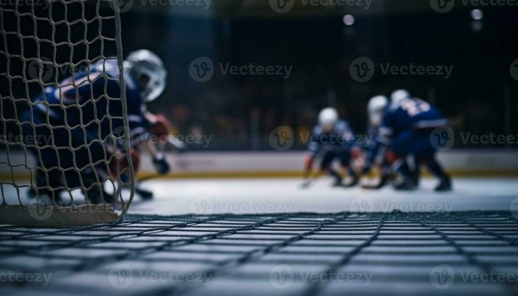 Hommes en jouant la glace le hockey, une compétitif équipe sport sur un la glace patinoire généré par ai photo