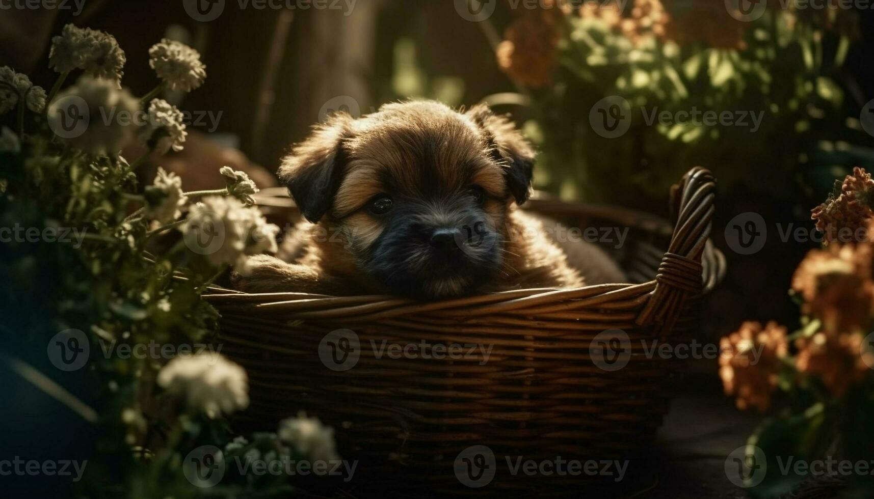 mignonne chiot séance dans herbe, en jouant avec jouet dans l'automne généré par ai photo