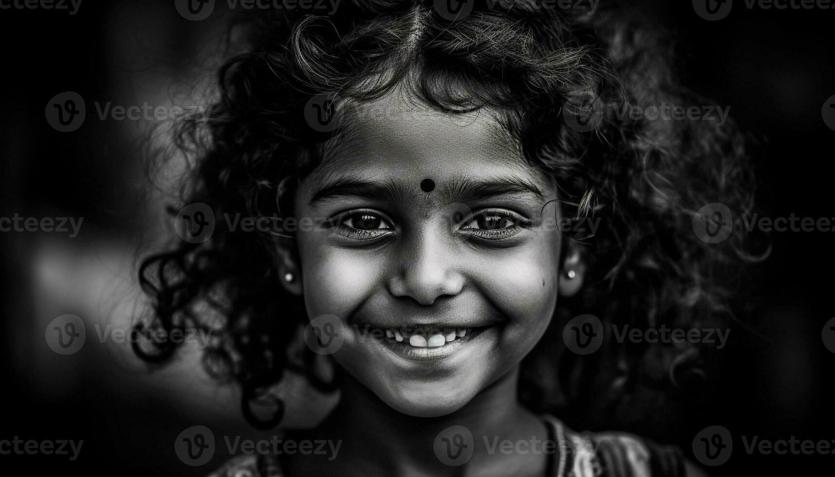 souriant enfant en plein air, bonheur dans noir et blanc portrait généré par ai photo
