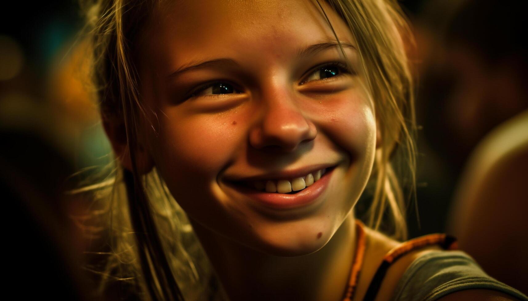 souriant caucasien fille, en plein air, à la recherche à caméra, joyeux et mignonne généré par ai photo