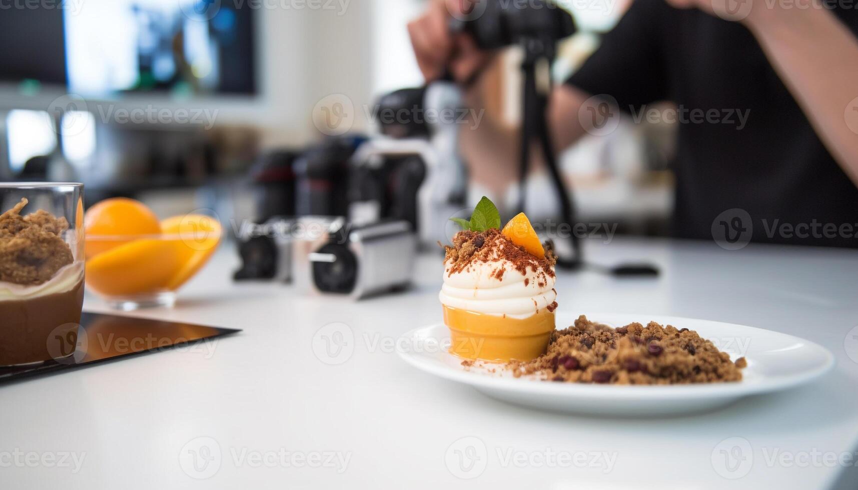 une Jeune adulte fabrication une gourmet dessert dans une commercial cuisine généré par ai photo