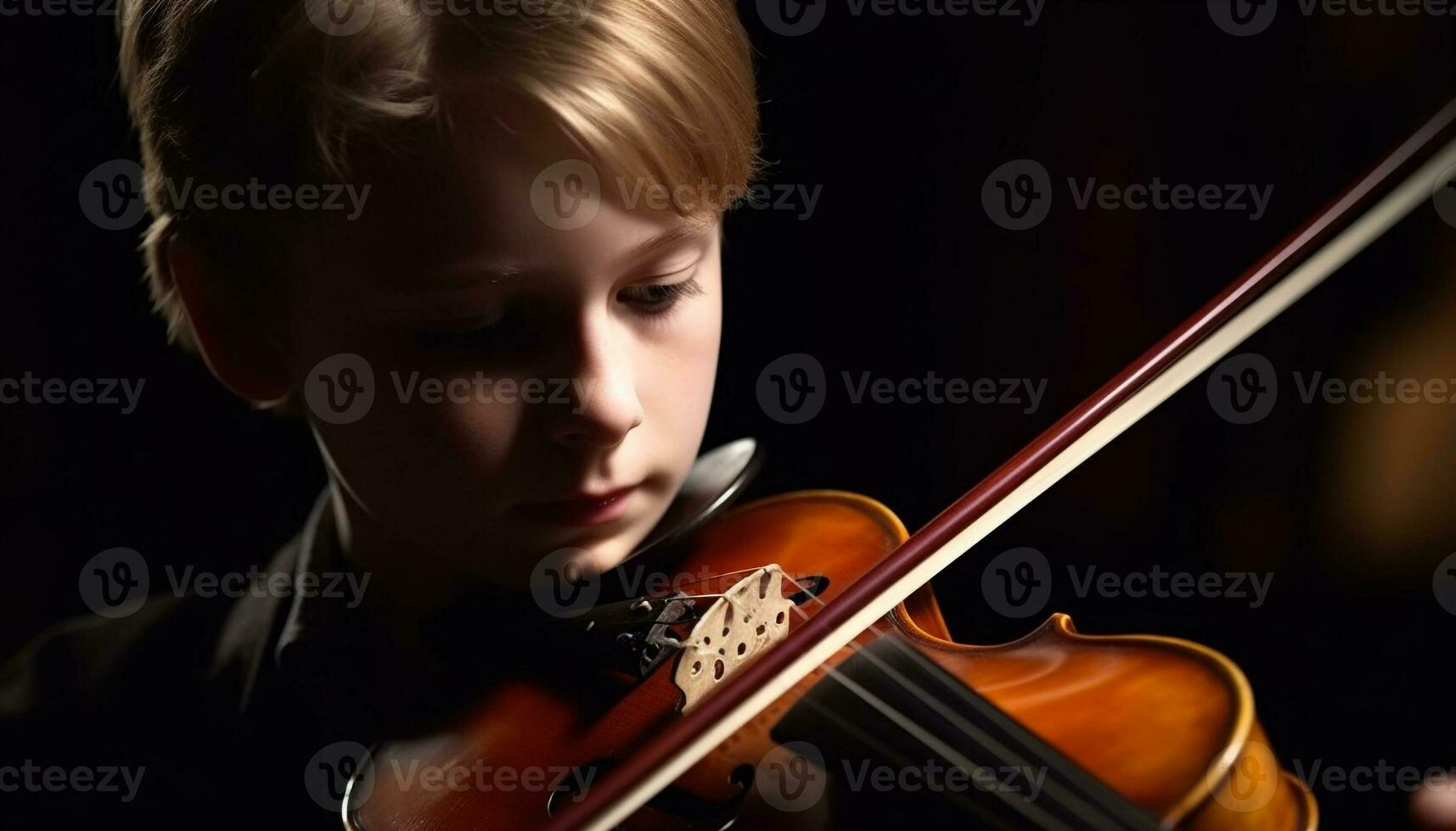 une talentueux enfant violoniste en jouant avec concentration, mettant en valeur musical compétence généré par ai photo