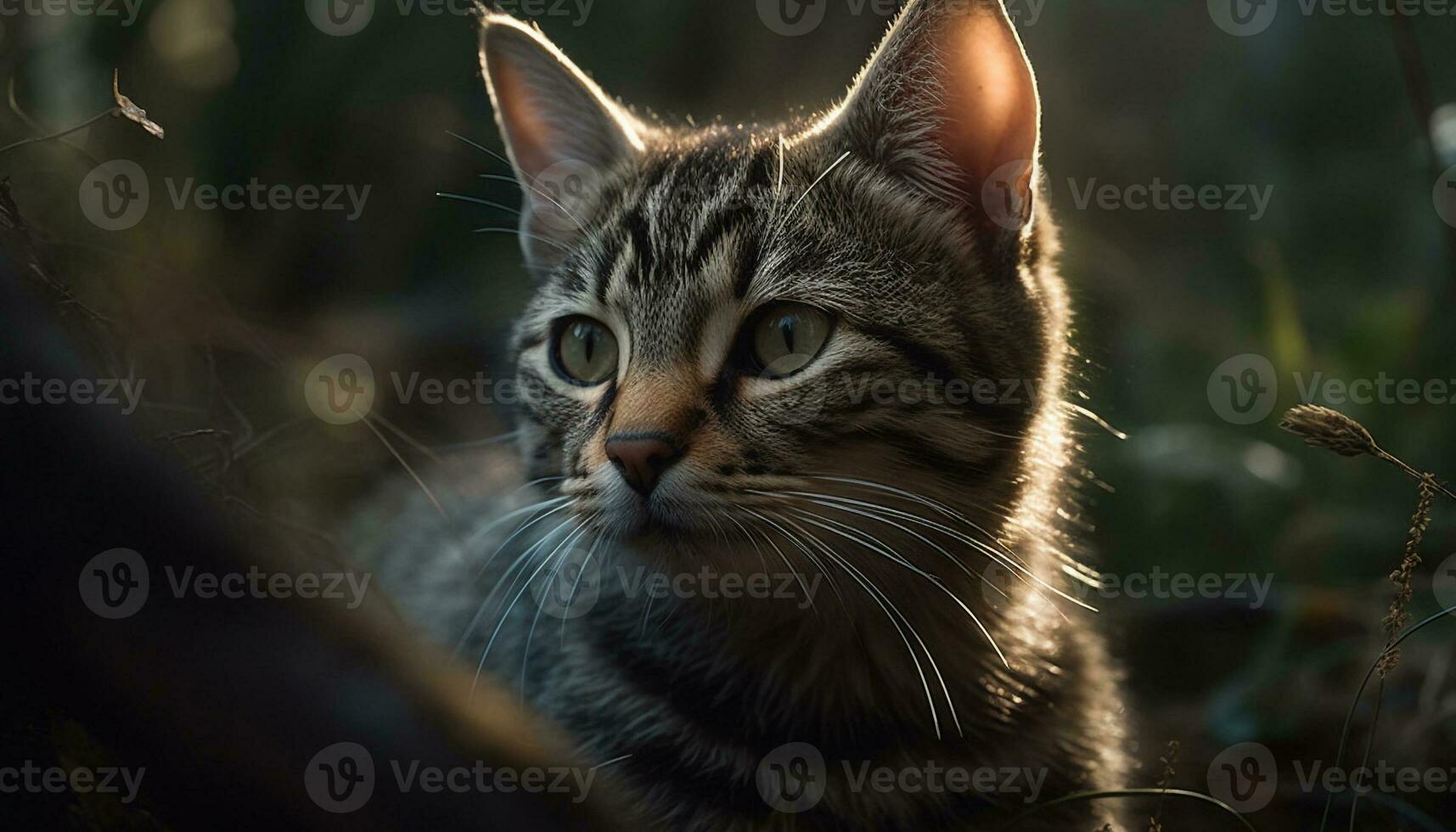 mignonne chaton séance dans herbe, regarder avec curieuse Jaune yeux généré par ai photo