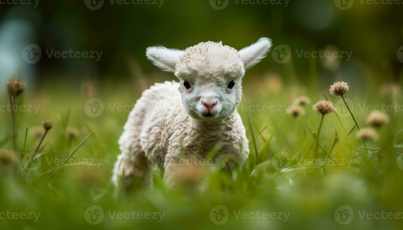 mignonne agneau pâturage sur vert prairie, innocence dans la nature généré par ai photo