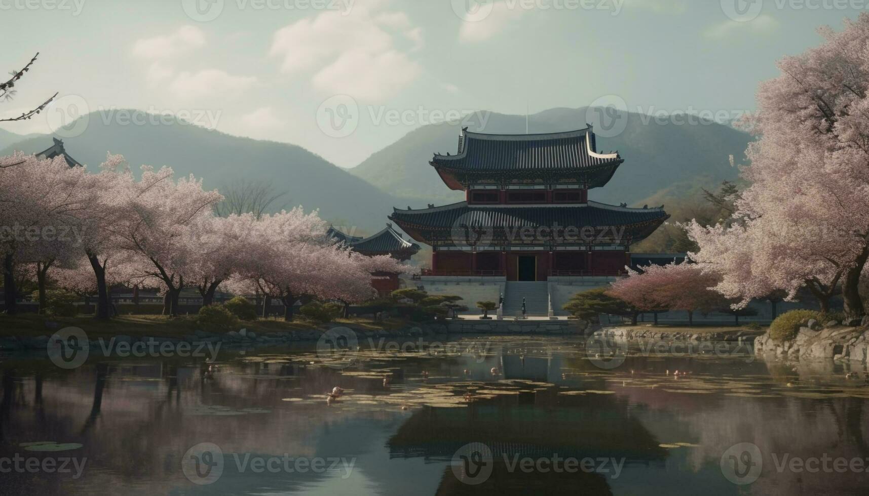 Cerise fleur arbre reflète beauté dans nature, ancien chinois culture généré par ai photo