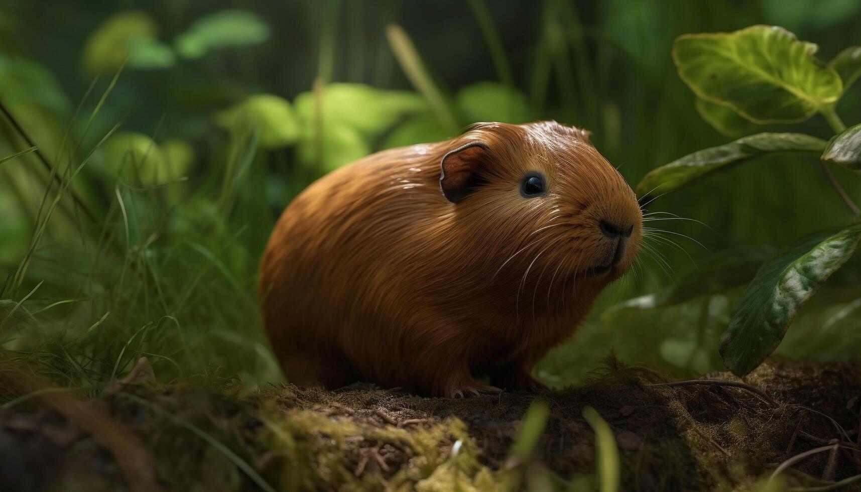 mignonne Guinée porc séance dans le herbe, en mangeant vert les plantes généré par ai photo