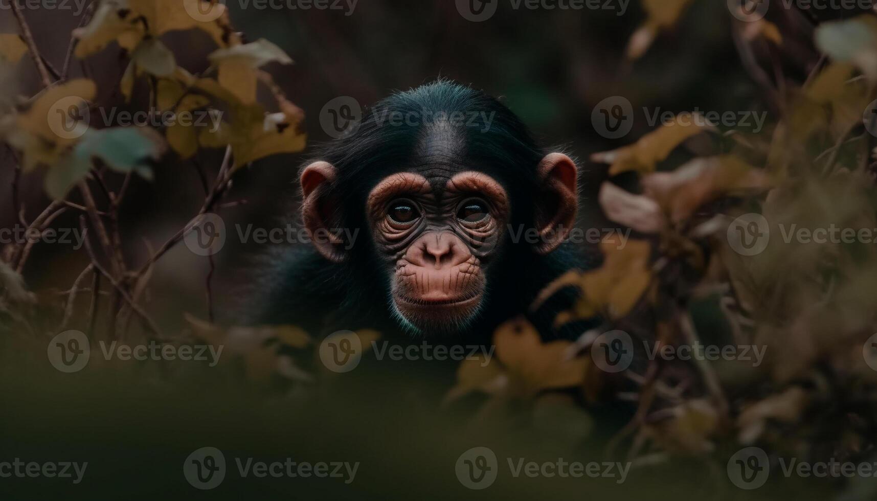 mignonne Jeune singe séance dans le forêt, regarder à caméra généré par ai photo