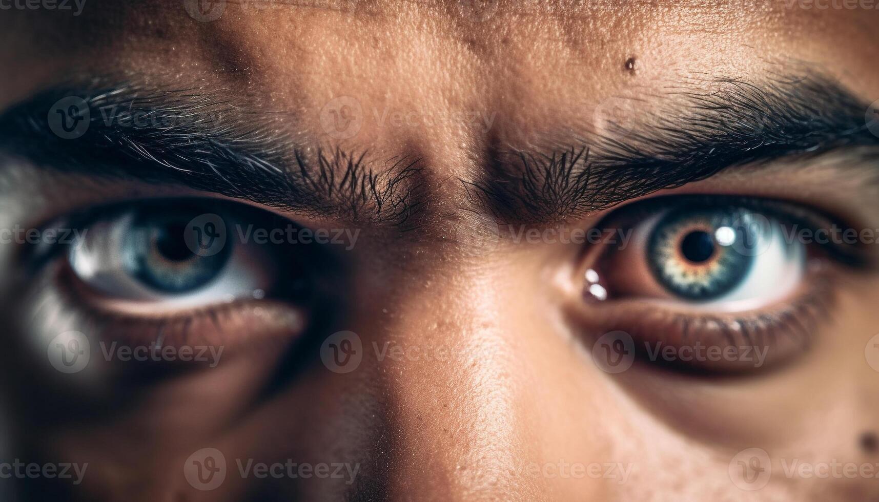 une proche en haut portrait de une Jeune adulte triste bleu yeux généré par ai photo