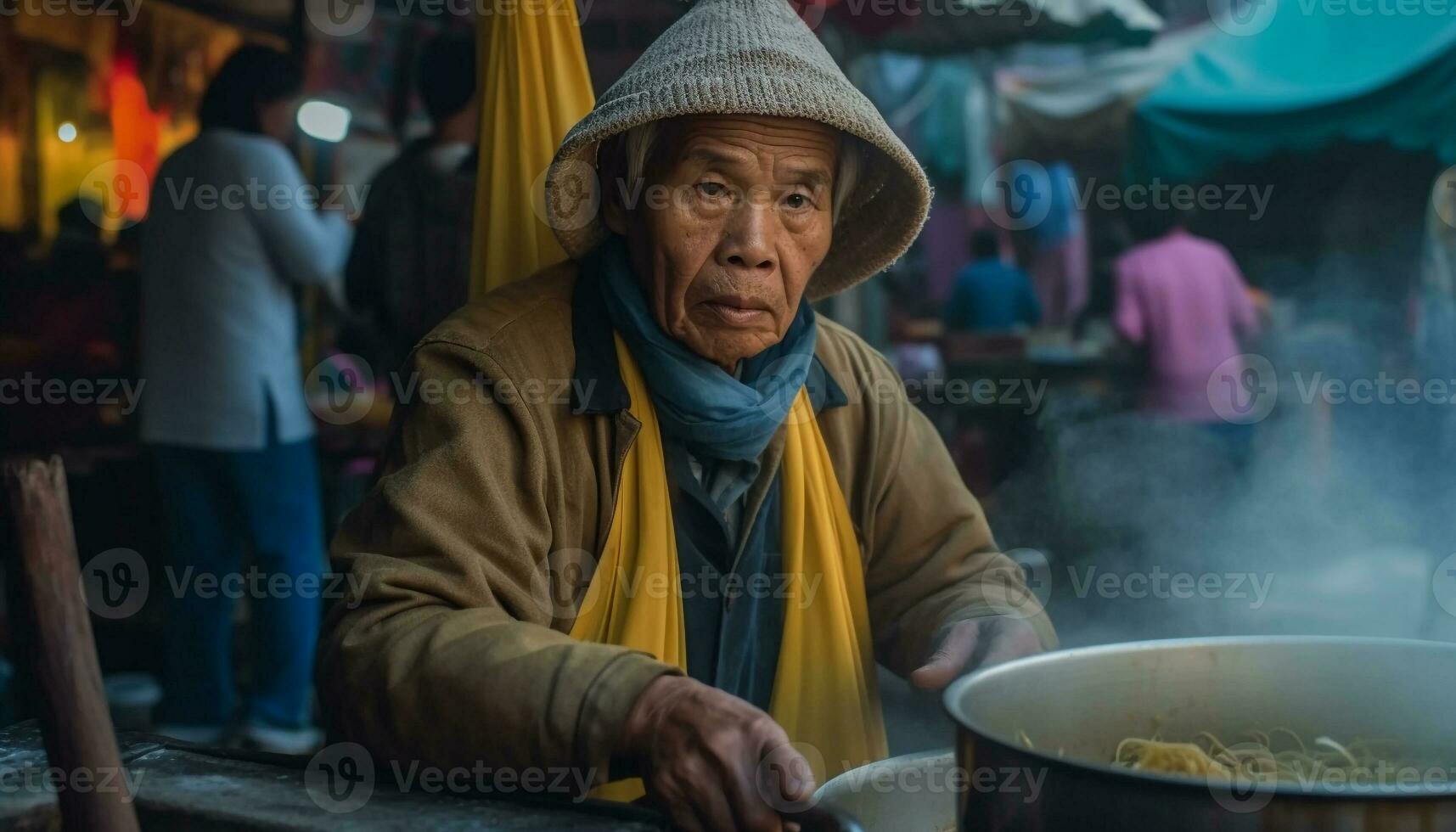 Sénior Hommes travail en plein air, vente nourriture à une occupé marché généré par ai photo