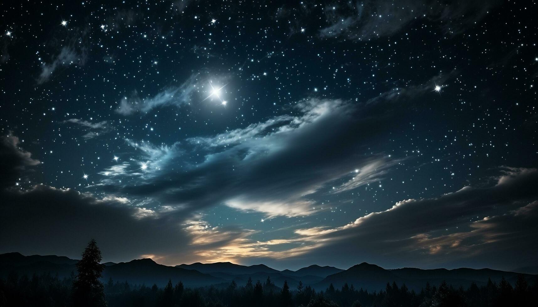 nuit ciel, une foncé paysage avec montagnes, étoiles brillant vivement généré par ai photo