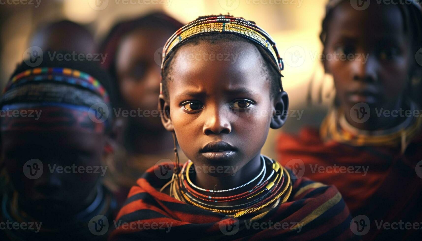 africain famille, souriant, à la recherche à caméra, traditionnel vêtements, en plein air généré par ai photo