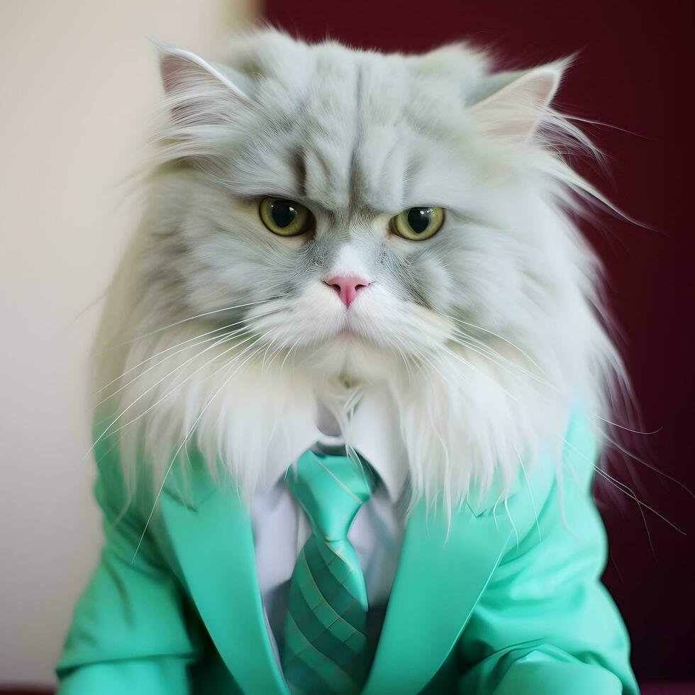 portrait de une chat dans une affaires costume. ai généré photo