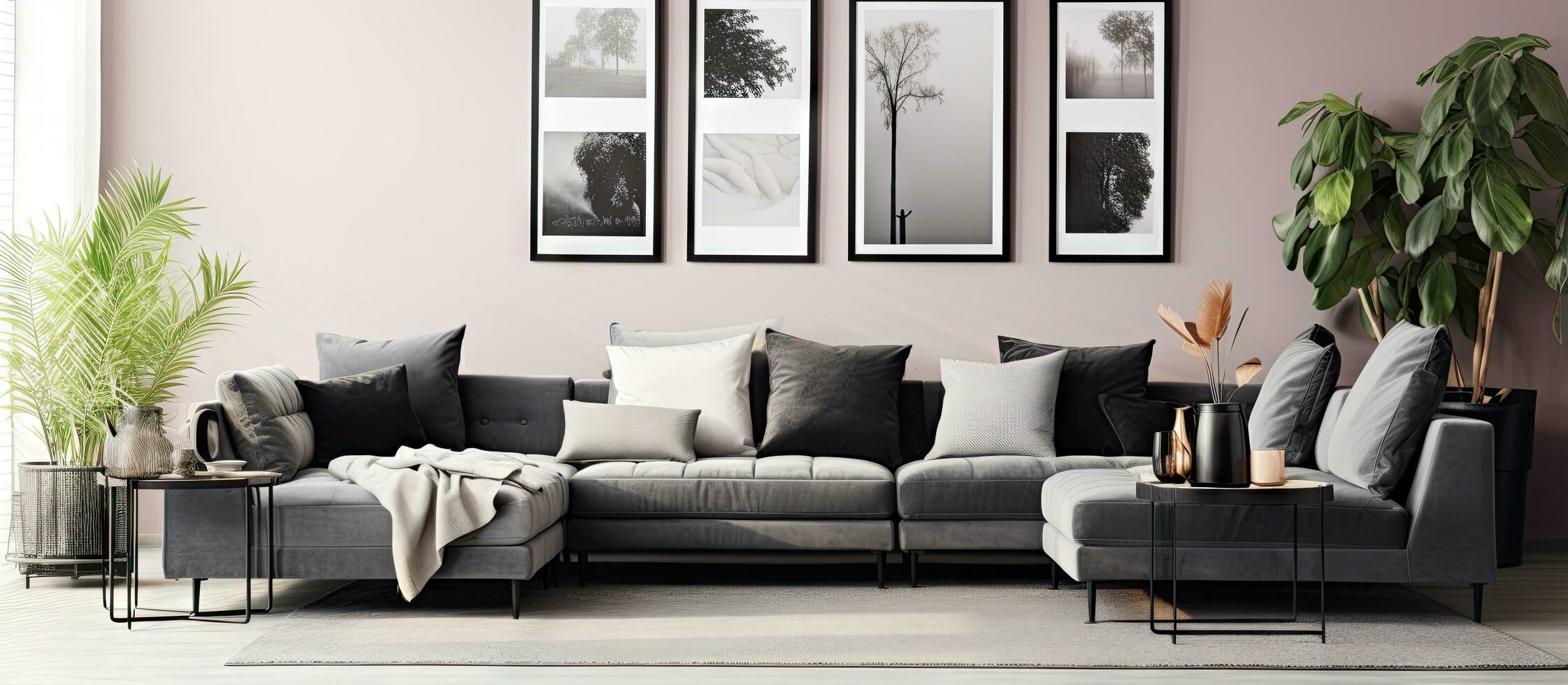 minimaliste vivant pièce avec pastel noir et métallique argent Couleur 8 cadres sur le mur ameublement et les plantes ment affiche Galerie mur photo