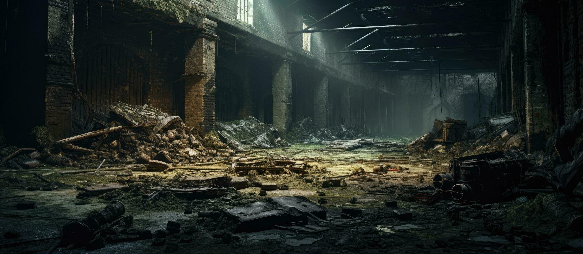 le militaire quartier général la gauche dans ruines avec un abandonné intérieur photo