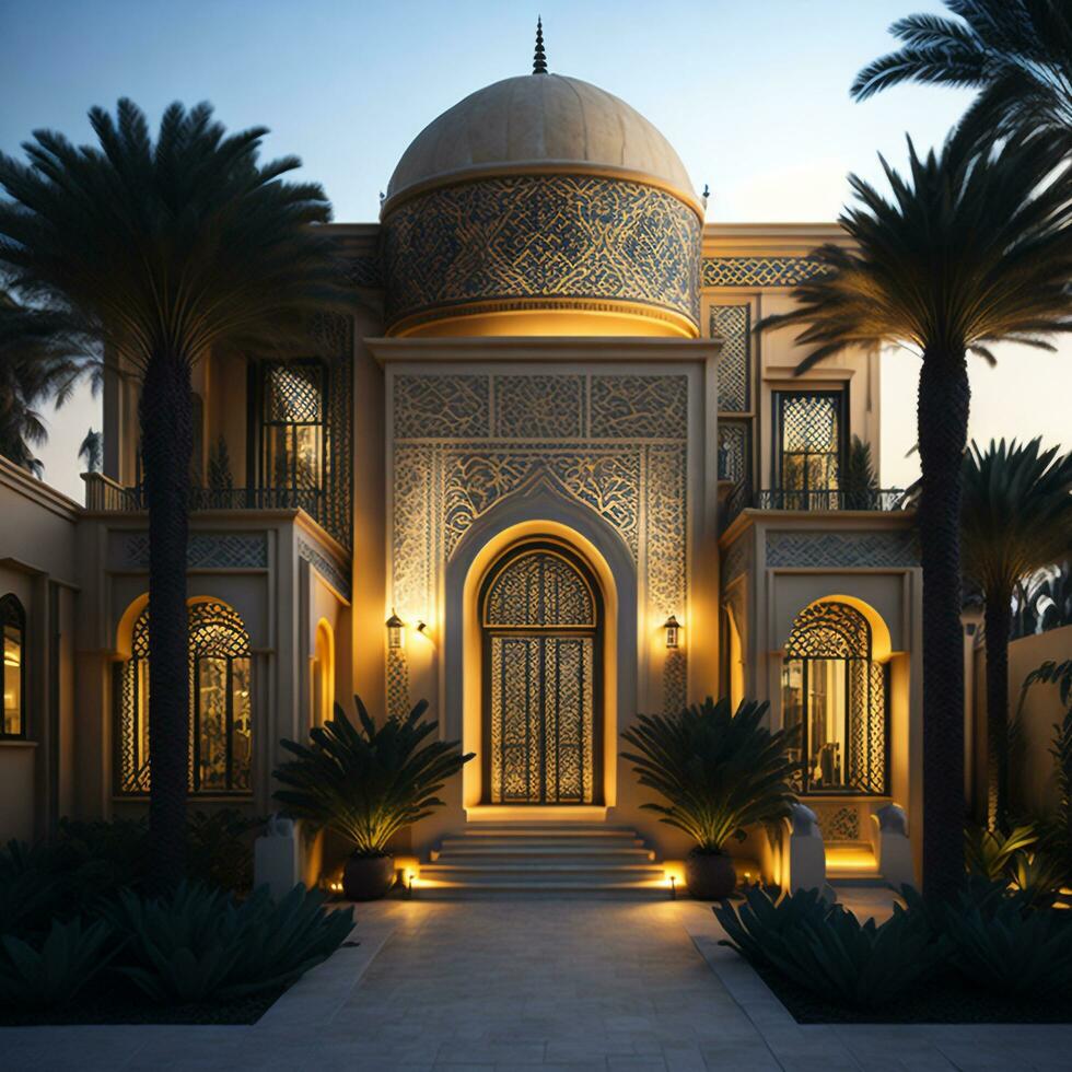 réaliste arabe style villa avec réaliste professionnel façade éclairage est le matière génératif ai photo