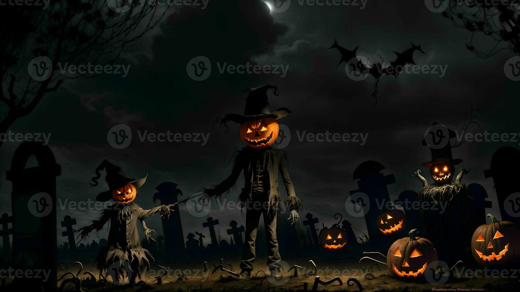 dévoilement le diabolique l'épouvantail tromperie dans le sinistre la nuit cimetière de Halloween ai généré photo