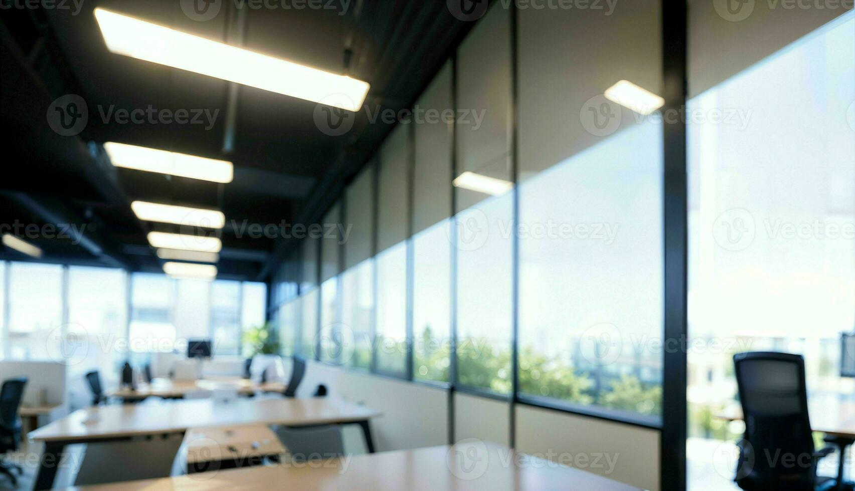 flou Contexte de une lumière moderne Bureau avec panoramique les fenêtres et magnifique éclairage ai généré photo