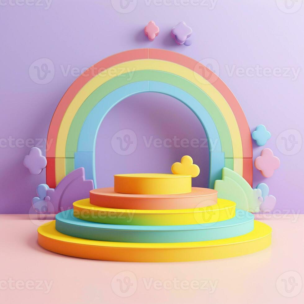 3d le rendu podium enfant style, coloré arrière-plan, des nuages et temps avec vide espace pour des gamins ou bébé produit. brillant couleurs. photo